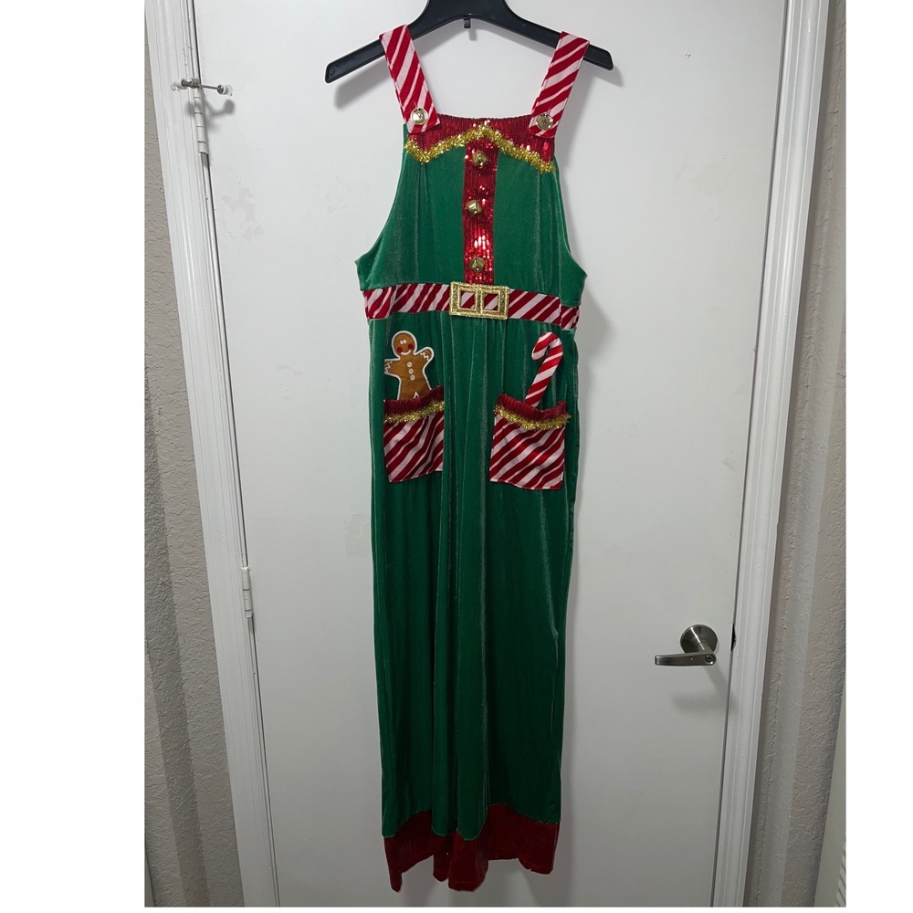 No Boundaries‎ Christmas Elf Velvet Jumpsuit-Green-Red Sequin Gingerbread - Picture 5 of 6